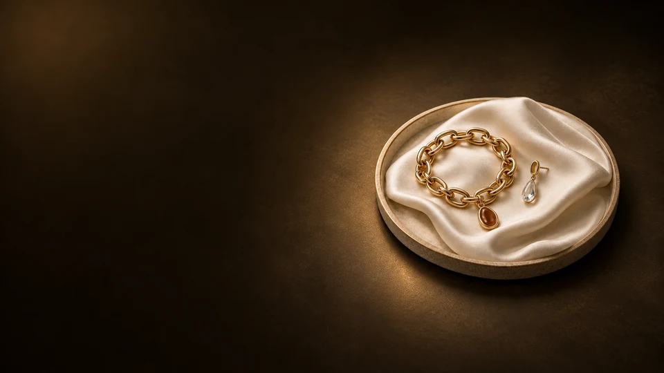 A gold-toned chain bracelet with an amber-colored charm and a crystal earring on ivory silk in a round tray. - Jewelry & Accessories Meta ads research index