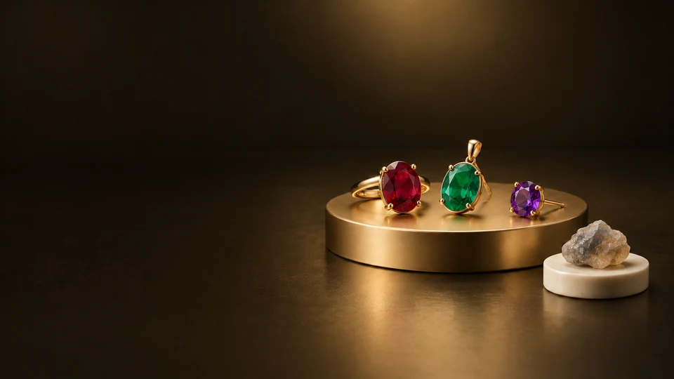 Red, green and violet gemstone jewels on a gold-colored platform beside a rough mineral on ivory stone. - Jewelry & Accessories Meta ads research index