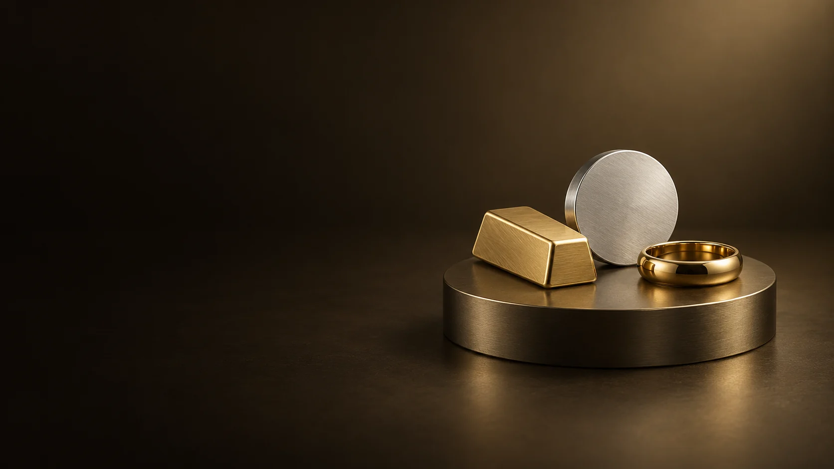 An unmarked gold-colored bar, silver-colored round and polished band sit on a circular metal plinth. - Precious Metal Products Meta ads research by Madgicx Labs
