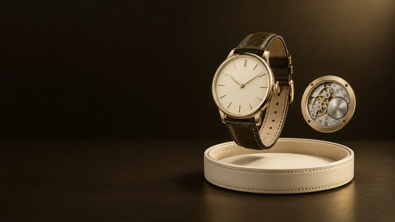 A round champagne-colored watch with a brown leather strap floats above an ivory tray beside a mechanical caseback. - Watches Timepieces Meta ads research by Madgicx Labs