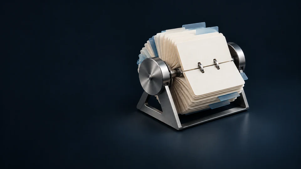 A brushed-aluminum rotary card index with blank ivory cards and blue dividers. - Job Portals & Employment Platforms Meta ads research index