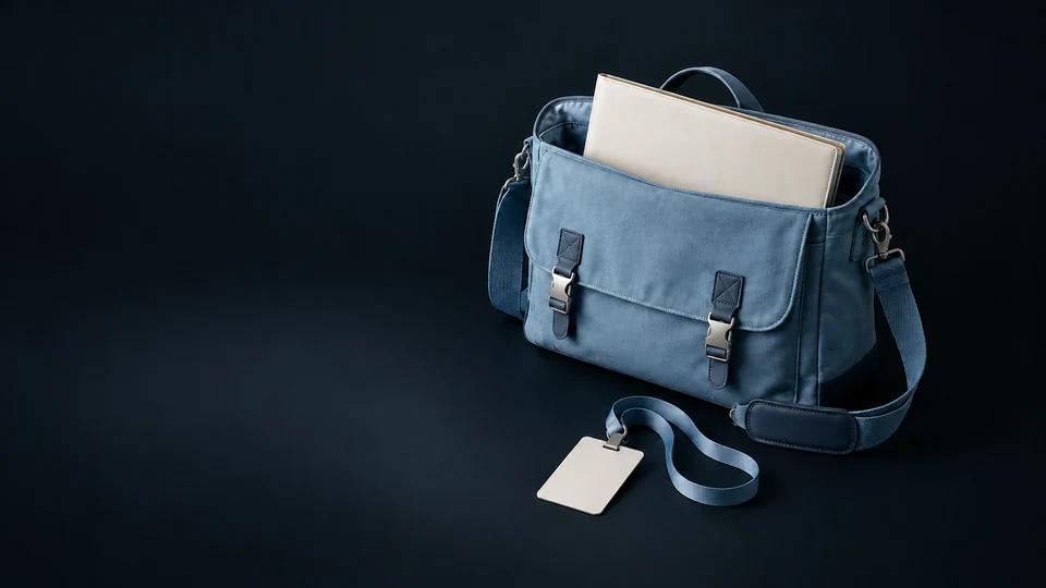 A blue canvas satchel with a blank portfolio and unprinted event badge. - Job Portals & Employment Platforms Meta ads research index