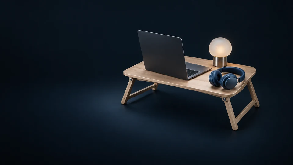 A portable oak desk with a blank laptop, blue headphones and a small frosted lamp. - Job Portals & Employment Platforms Meta ads research index