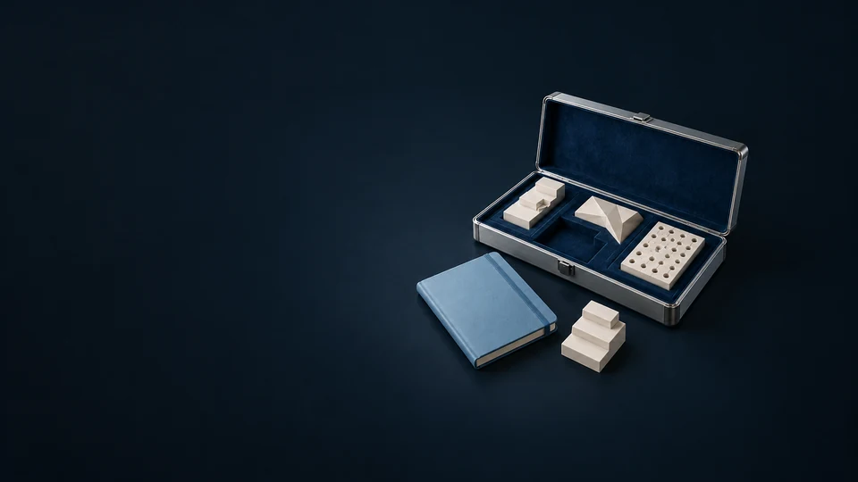 An open technical case with geometric skill samples and a blank blue notebook. - Job Portals & Employment Platforms Meta ads research index
