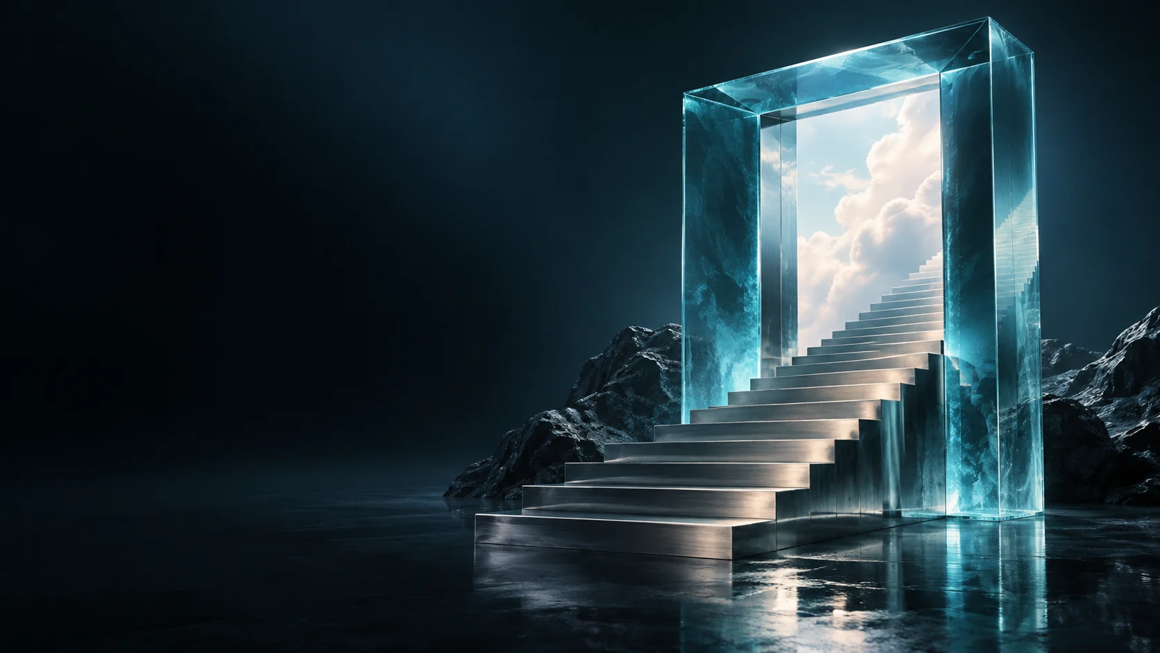 Metal steps rising through a blue glass doorway with clouds beyond. - Job Portals & Employment Platforms Meta ads research by Madgicx Labs