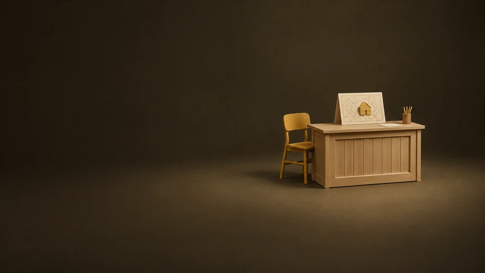 A small oak registration desk and ochre chair with an abstract neighborhood map, blank card and pencil cup. - K-12 Education Institutions Meta ads research index
