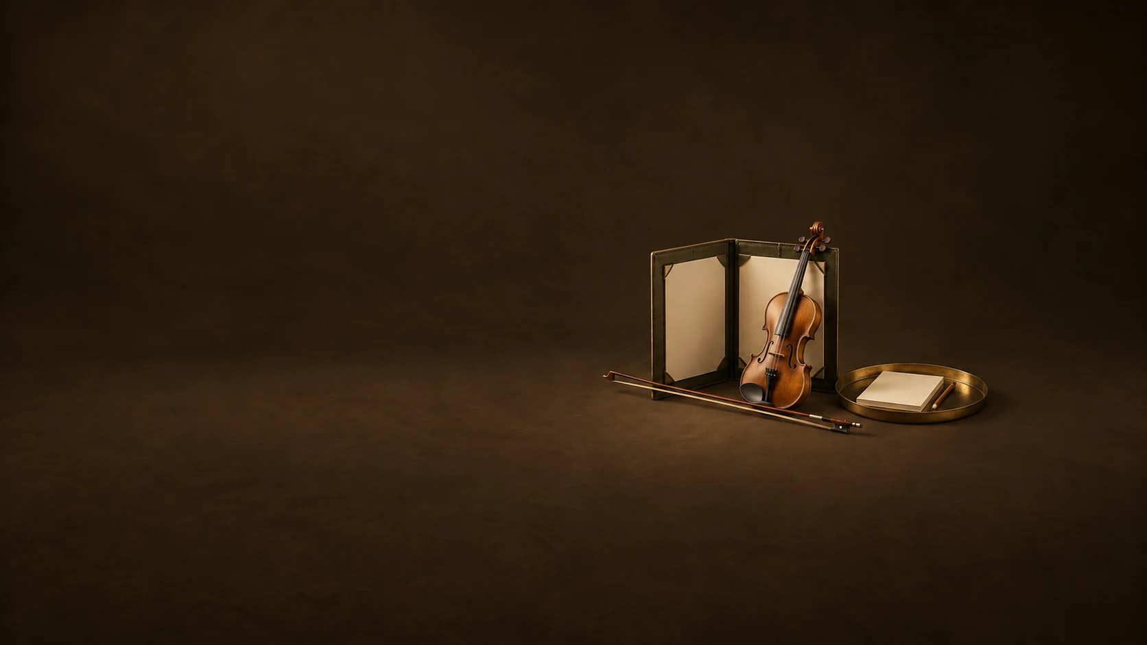 A violin and bow in front of a blank open portfolio, beside a brass tray with a blank booklet and pencil. - High Schools Meta ads research by Madgicx Labs