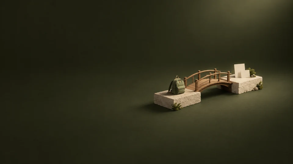 A small wooden bridge between stone platforms with a sage backpack and two blank program cards. - K-12 Education Institutions Meta ads research index