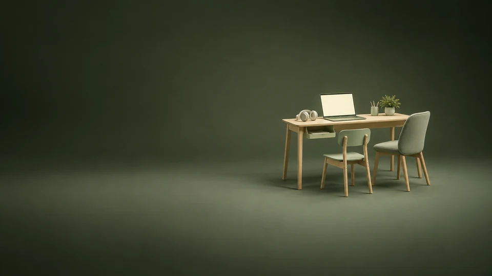 An oak home-learning desk with a blank-screen laptop, cream headphones and two empty chairs of different sizes. - K-12 Education Institutions Meta ads research index
