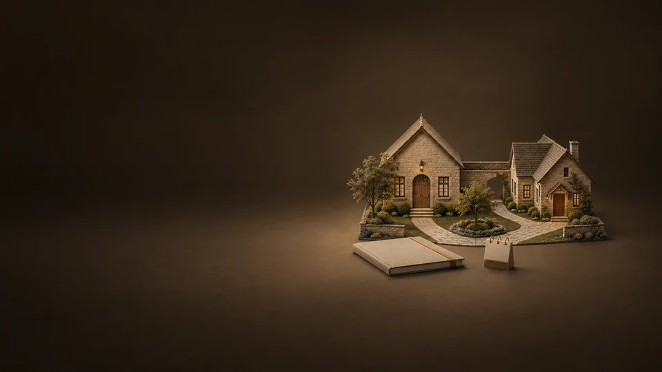 A fictional stone-school courtyard model with two paths, a closed linen dossier and a blank calendar. - K-12 Education Institutions Meta ads research index