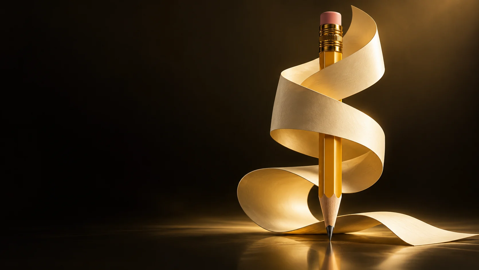 Gold pencil wrapped in a curling cream paper ribbon. - K-12 Education Institutions Meta ads research by Madgicx Labs