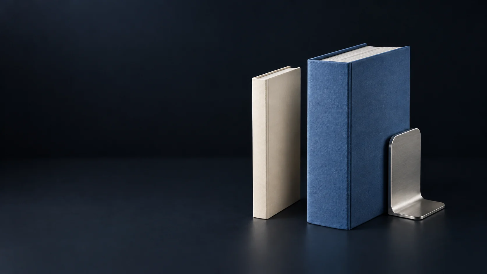 A slim ivory consultation folio beside a deep blue litigation binder and silver bookend. - Business Legal Services Meta ads research by Madgicx Labs