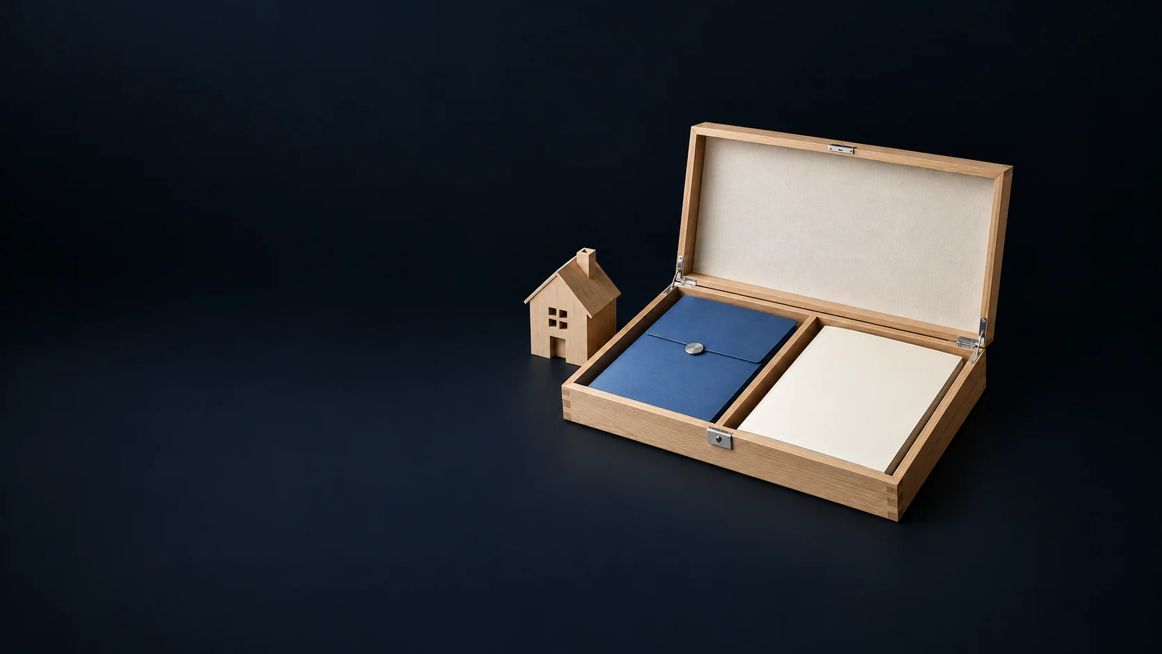 An open two-compartment oak document case with blue and ivory folios beside a wooden house model. - Estate Legal Services Meta ads research by Madgicx Labs