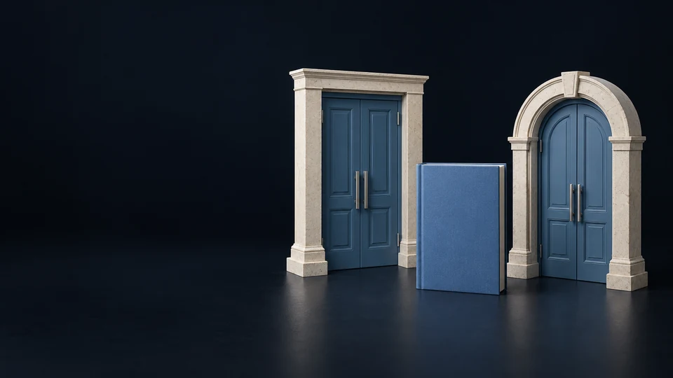 Two complete stone doorways with rectangular and arched frames beside a blank blue folio. - Legal Services Meta ads research index