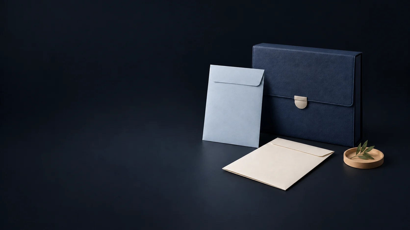 Two closed pale document sleeves beside a navy clasp folio and a small wood dish with leaves. - Personal Injury Legal Services Meta ads research by Madgicx Labs