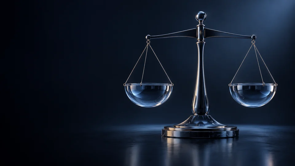 Polished metal balance with two glass pans on a dark stone base. - Legal Services Meta ads research by Madgicx Labs