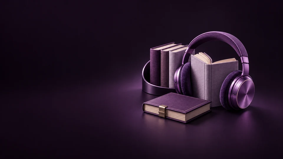 Violet headphones surround an open book beside a curved shelf of blank volumes and a separate clasped title. - Media & Entertainment Meta ads research index