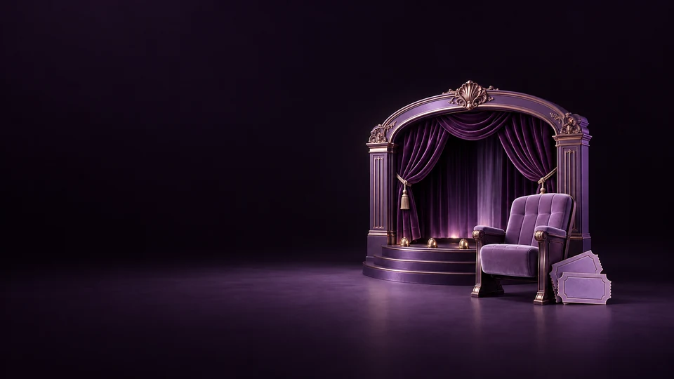 A miniature violet theater arch with velvet curtains, an upholstered seat and blank tickets. - Media & Entertainment Meta ads research index