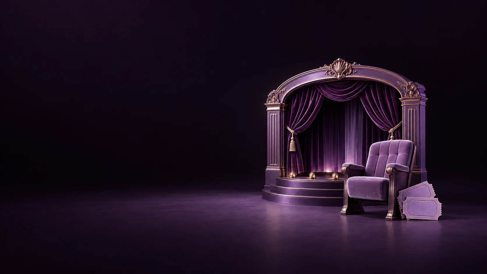 A miniature violet theater arch with velvet curtains, an upholstered seat and blank tickets. - Entertainment Companies Meta ads research by Madgicx Labs