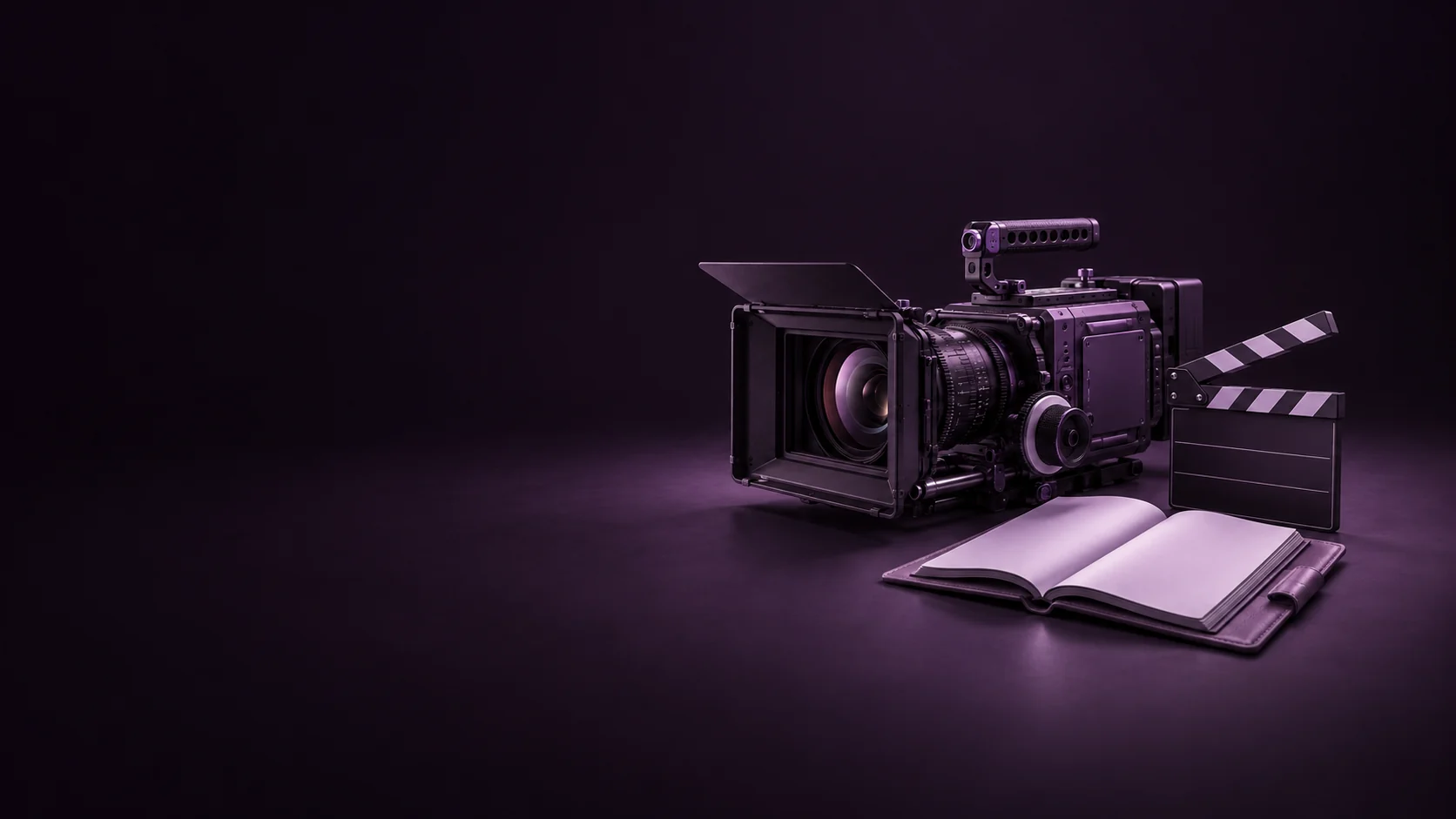 A violet cinema camera with a matte box and handle beside a blank clapperboard and open script folio. - Film TV Production Meta ads research by Madgicx Labs