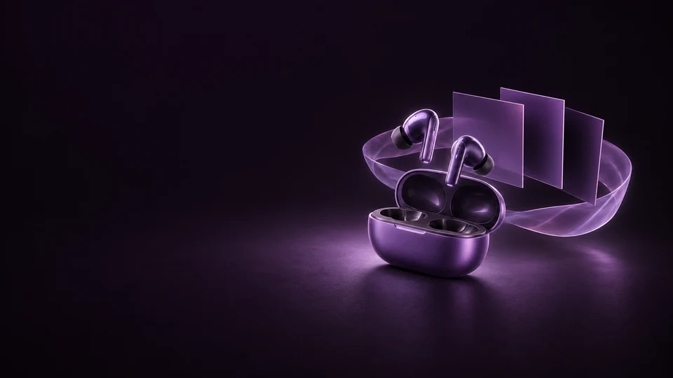 Violet wireless earphones above an open case beside blank album-like panels and a translucent ribbon. - Media & Entertainment Meta ads research index