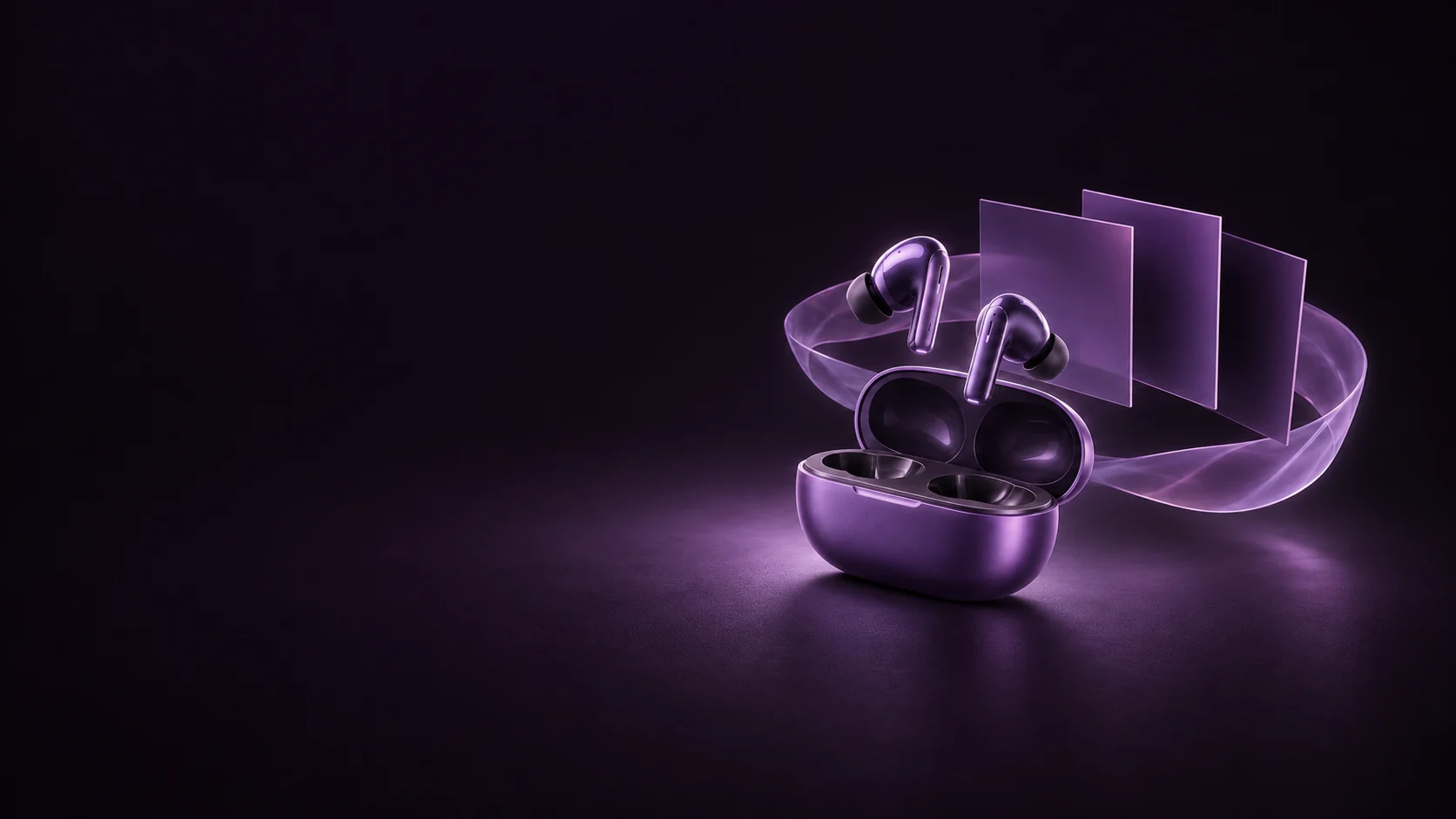 Violet wireless earphones above an open case beside blank album-like panels and a translucent ribbon. - Music Streaming Platforms Meta ads research by Madgicx Labs