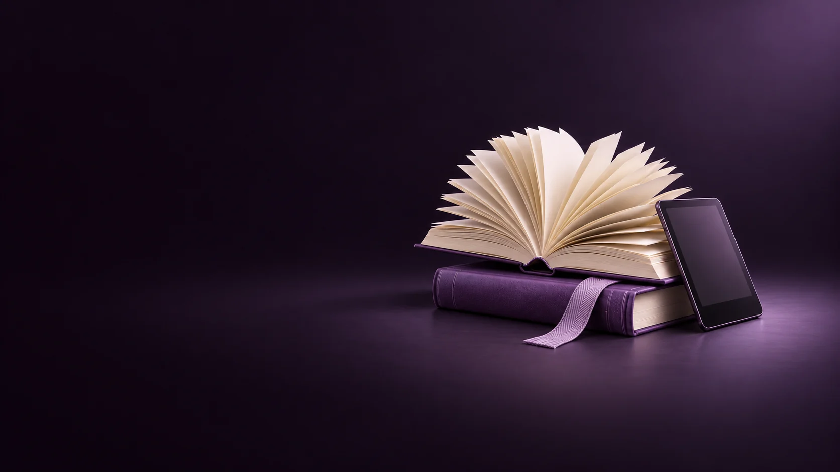 An open blank book with fanned paper leaves above a violet volume beside an e-reader and cloth bookmark. - Publishing Houses Meta ads research by Madgicx Labs
