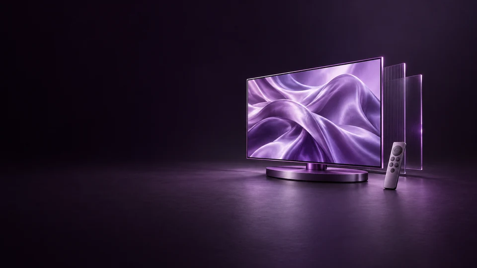 A violet-framed screen displaying abstract lavender silk, with a plain remote and offset translucent panels. - Media & Entertainment Meta ads research index