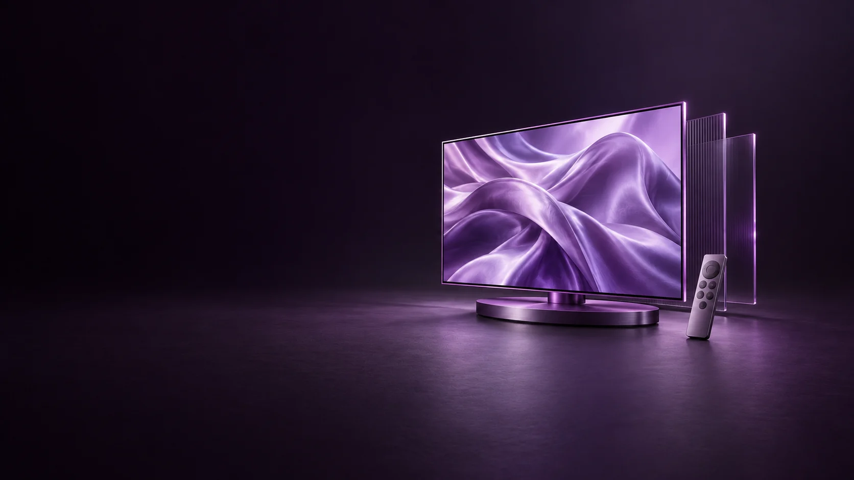 A violet-framed screen displaying abstract lavender silk, with a plain remote and offset translucent panels. - Streaming Video Services Meta ads research by Madgicx Labs