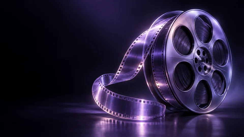A violet metal film reel with a translucent film strip curling across a dark surface. - Media & Entertainment Meta ads research by Madgicx Labs