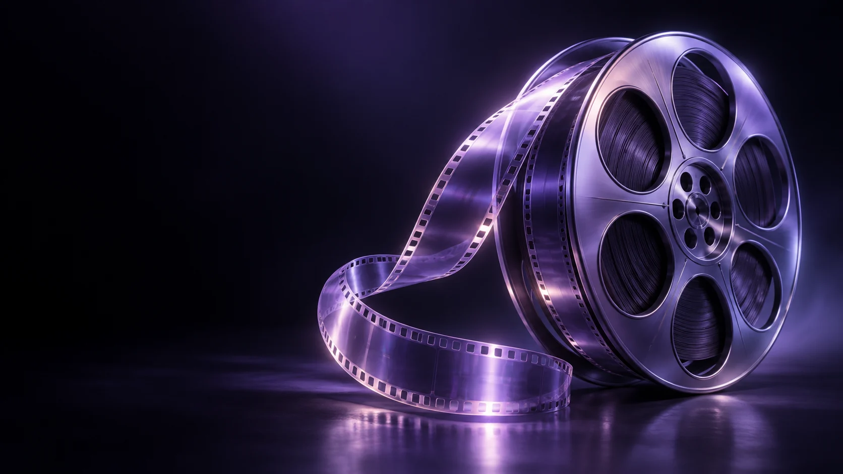 A violet metal film reel with a translucent film strip curling across a dark surface. - Media & Entertainment Meta ads research by Madgicx Labs