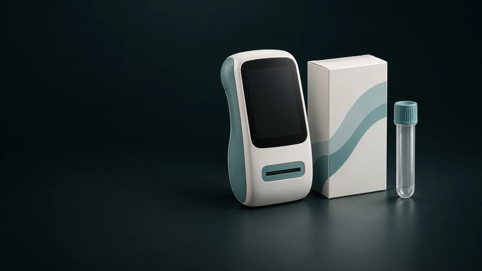 An unbranded handheld diagnostic reader with inactive screen beside a closed kit carton and empty capped collection tube. - Medical Equipment & Supplies Meta ads research index