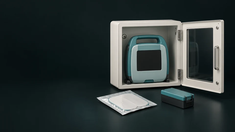 An open cabinet containing an inactive AED, with a sealed pad packet and separate battery. - Medical Equipment & Supplies Meta ads research index