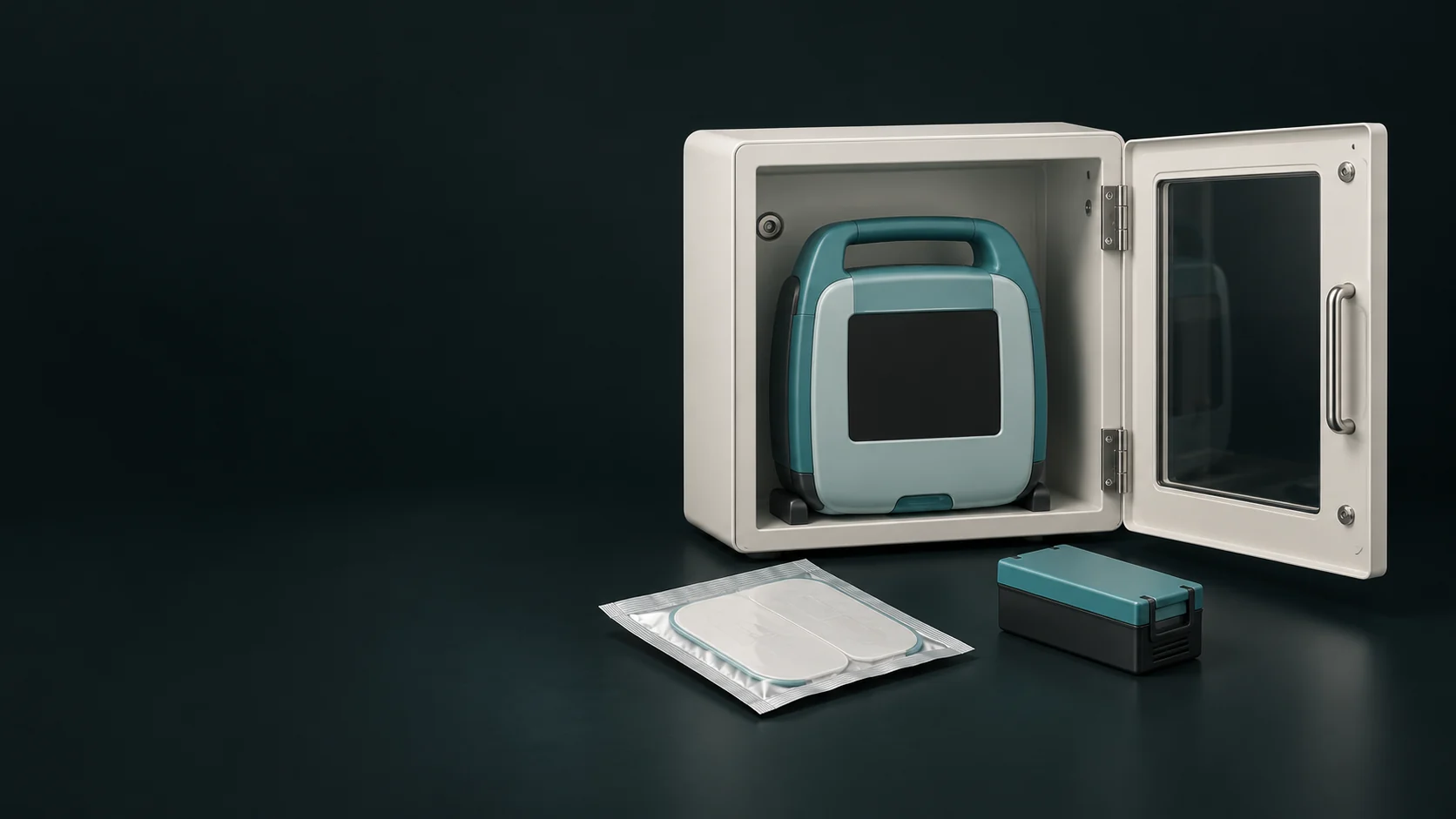 An open cabinet containing an inactive AED, with a sealed pad packet and separate battery. - Emergency Medical Equipment Meta ads research by Madgicx Labs
