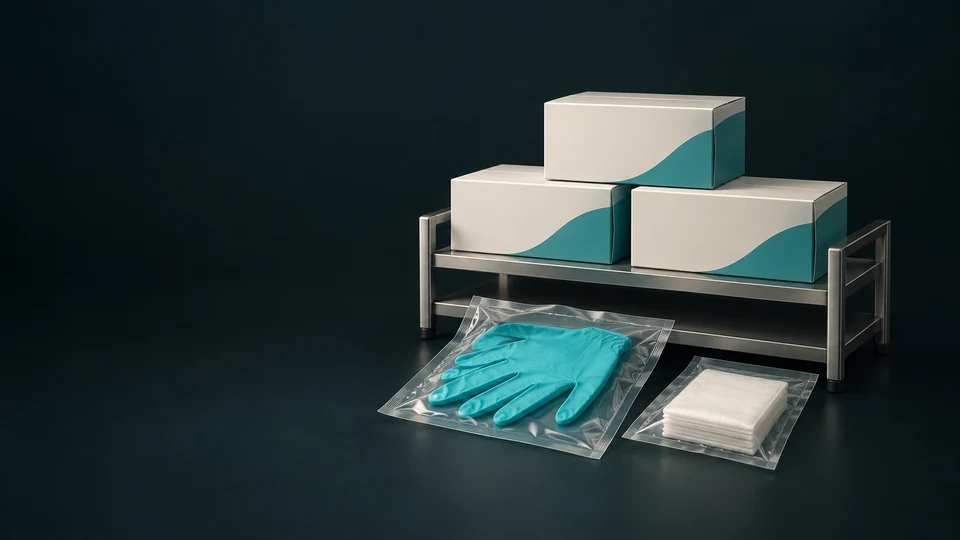 Three plain supply cartons on a metal shelf with sealed glove and gauze packets. - Medical Equipment & Supplies Meta ads research index