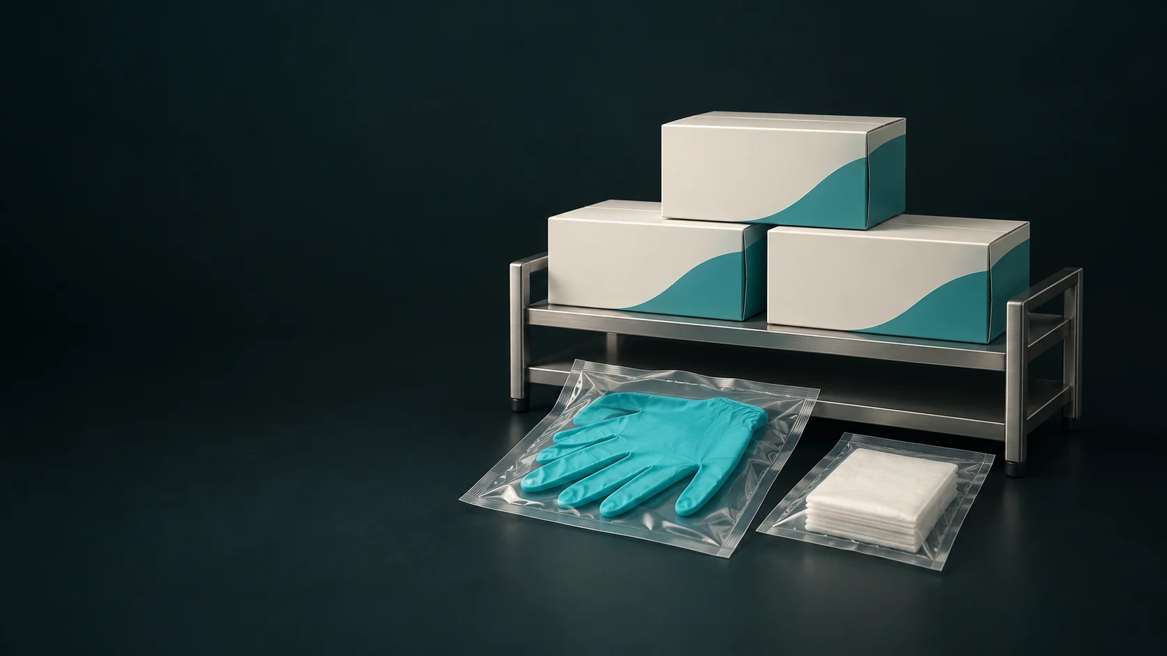 Three plain supply cartons on a metal shelf with sealed glove and gauze packets. - Medical Supplies Consumables Meta ads research by Madgicx Labs