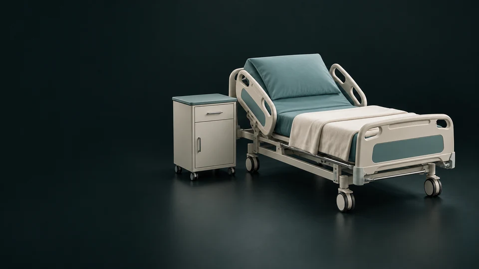 An empty adjustable hospital bed with teal mattress, folded blanket and a bedside cabinet. - Medical Equipment & Supplies Meta ads research index