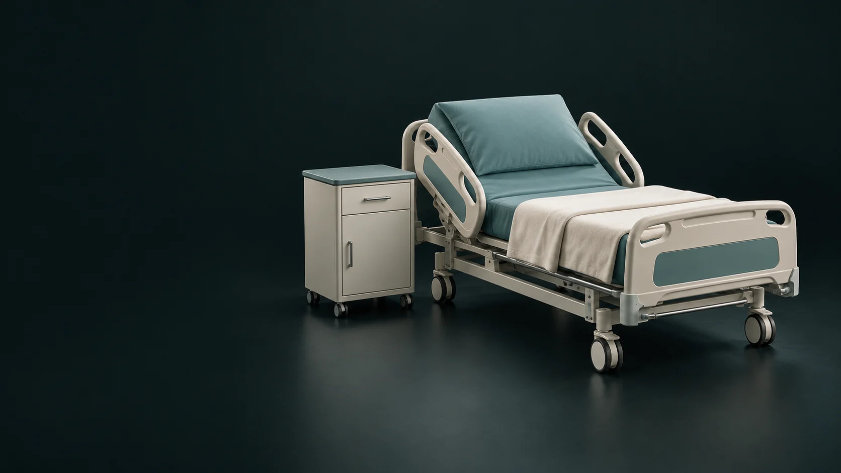 An empty adjustable hospital bed with teal mattress, folded blanket and a bedside cabinet. - Patient Care Equipment Meta ads research by Madgicx Labs