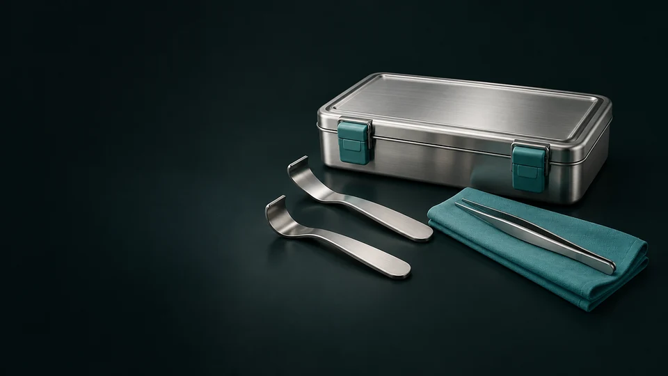 A closed metal instrument case, two smooth hand retractors and spring forceps beside folded teal cloth. - Medical Equipment & Supplies Meta ads research index