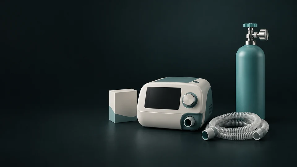 An inactive CPAP unit, separate carton, disconnected coiled hose and unmarked upright oxygen cylinder. - Medical Equipment & Supplies Meta ads research index