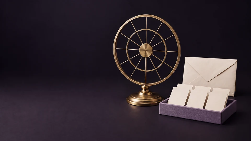 An unmarked brass astrology wheel beside a blank ivory report envelope and cards in a mauve tray. - Metaphysical & Spiritual Services Meta ads research index
