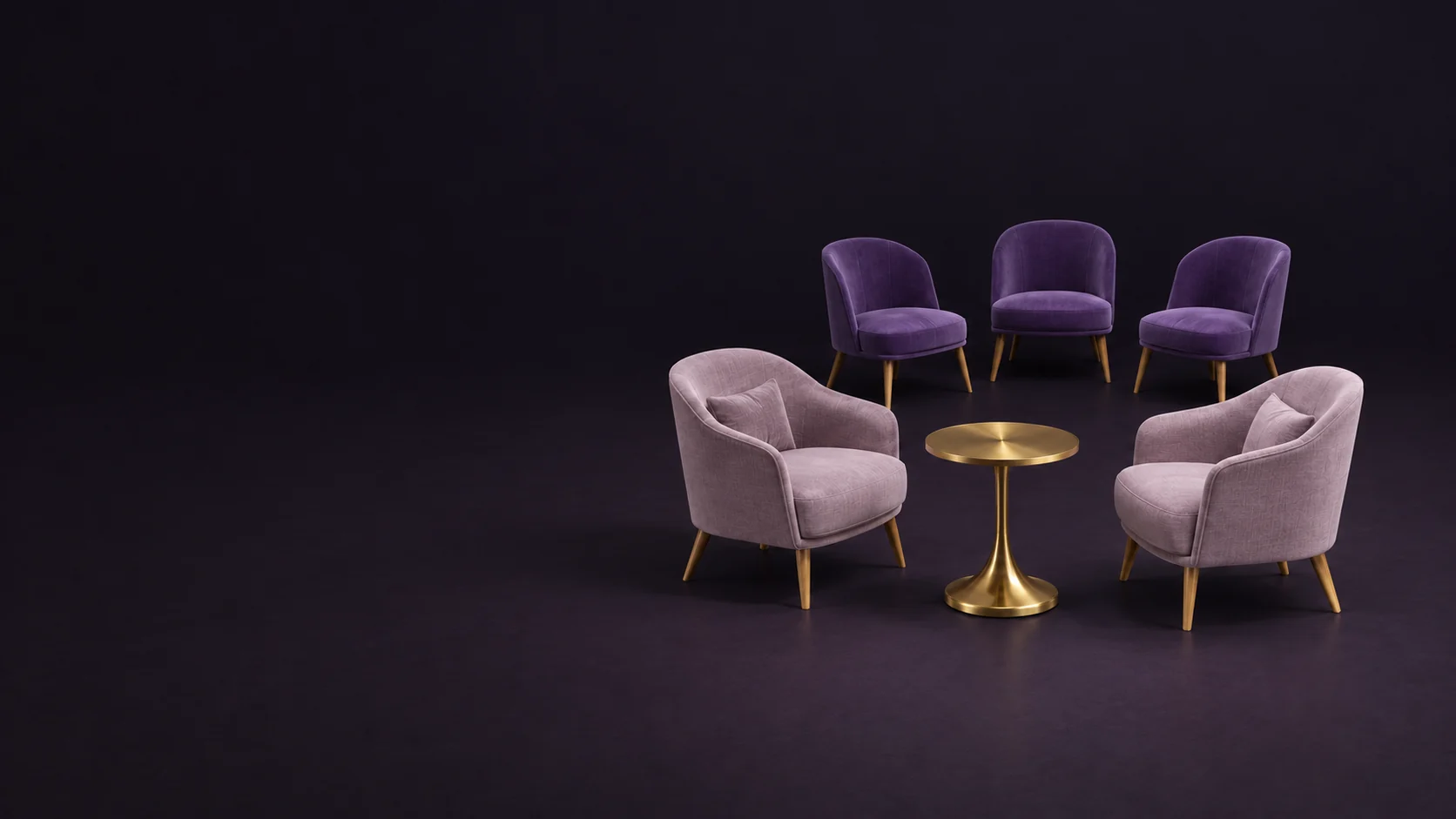 Two empty mauve reading chairs around a brass table, with three separate empty event chairs behind. - Medium Spirit Communication Meta ads research by Madgicx Labs