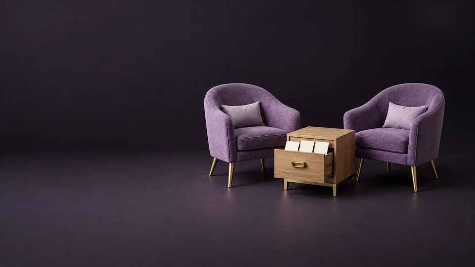 Two empty amethyst conversation chairs beside an open oak drawer containing blank profile cards. - Metaphysical & Spiritual Services Meta ads research index