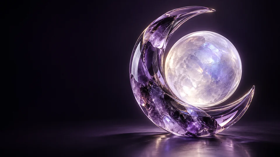 An amethyst glass crescent curves around a pale translucent sphere on a dark violet surface. - Metaphysical & Spiritual Services Meta ads research by Madgicx Labs