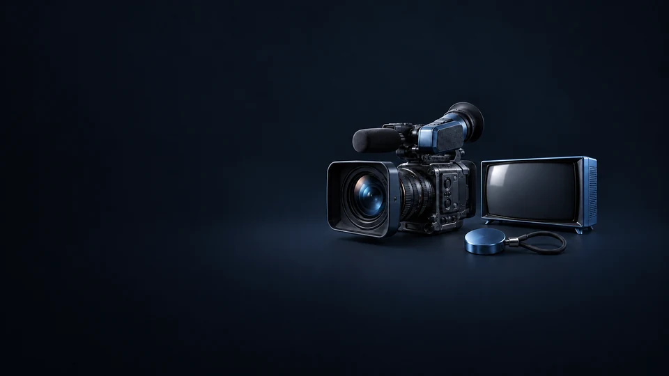 A blue broadcast camera, blank television receiver and unmarked provider-key fob. - News & Information Media Meta ads research index