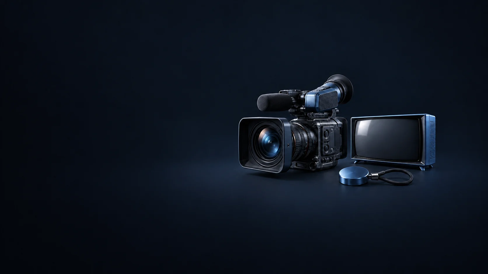 A blue broadcast camera, blank television receiver and unmarked provider-key fob. - Broadcast News Networks Meta ads research by Madgicx Labs