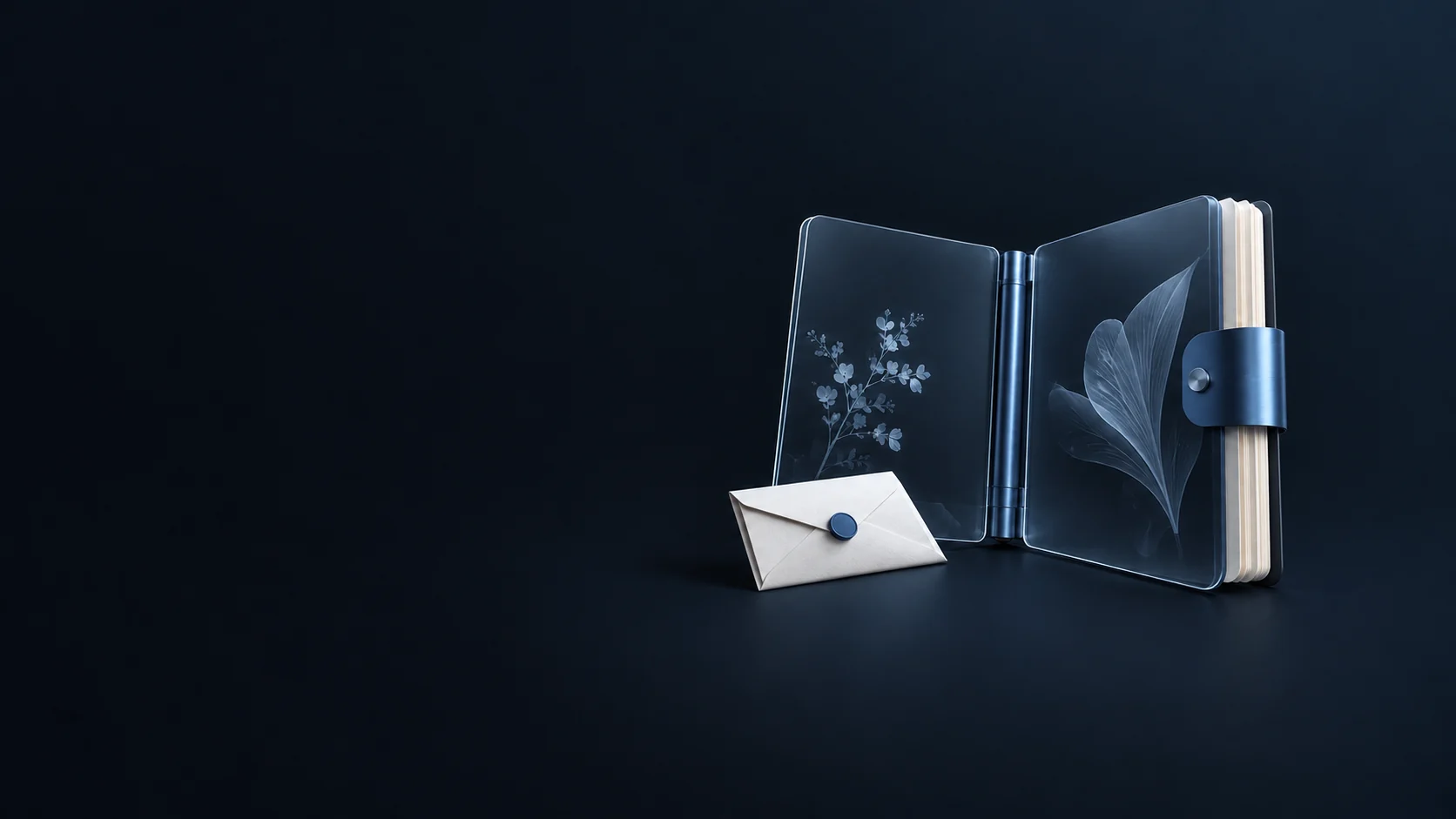 An open glass reading folio with botanical decoration, a metal clasp and a separate envelope. - Digital News Platforms Meta ads research by Madgicx Labs