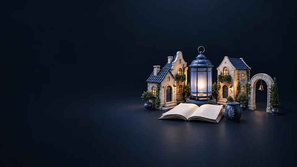 A miniature neighborhood around a glowing lantern, open folio, contribution vessel and separate stone arch. - News & Information Media Meta ads research index