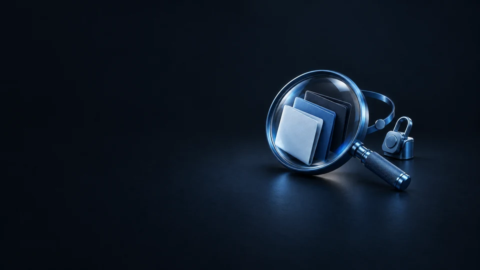A blue magnifying lens holds blank story folios beside a personalization ring and separate access clasp. - News & Information Media Meta ads research index