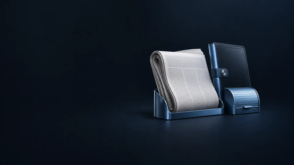 A folded newspaper in a metal doorstep cradle beside a glass reading folio and closed delivery shutter. - News & Information Media Meta ads research index